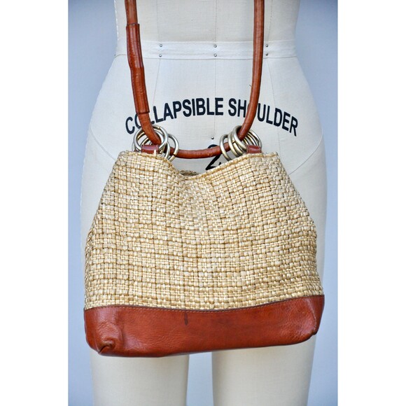 Saks Fifth Avenue Bag - Made in Italy Leather & Raffia Bag - Crossbody Shoulder - Picture 5 of 9
